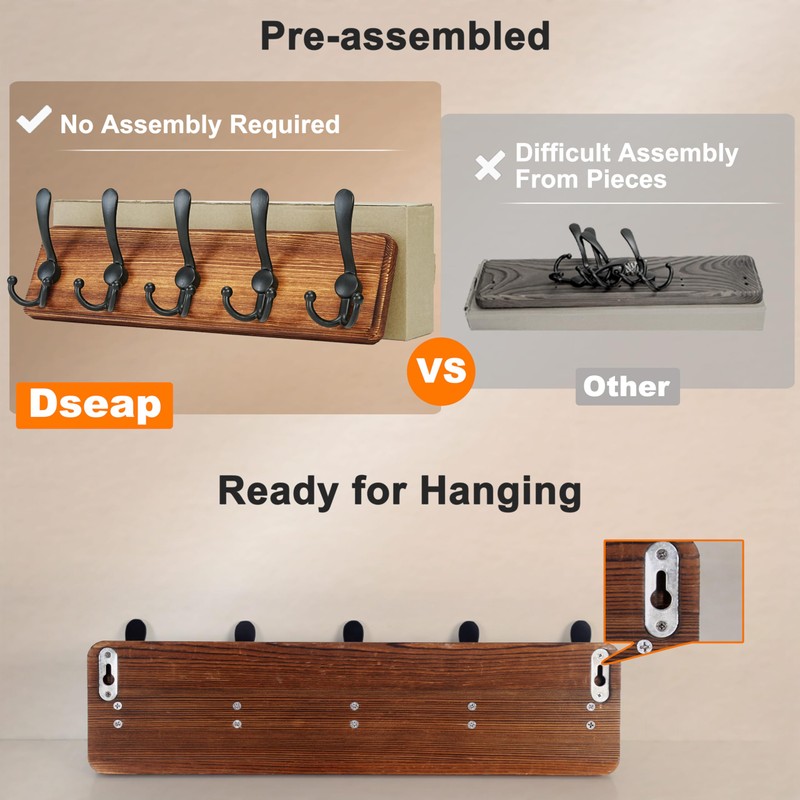 Dseap Coat Rack Wall Mounted - 5 Tri Hooks, Heavy