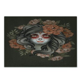 Ambesonne Day of the Dead Cutting Board, Spanish Woman with Calavera Makeup Art and Flower Blooms, Decorative Tempered Glass Cutting and Serving Board, Large Size, Army Green Salmon