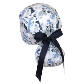 CALOMED Scrub Cap for Women and Men, Ponytail Scrub Caps, Working Hat, Head Cover with Ribbon Ties and Buttons, Long Hair (Dogs and Cats on Gray)