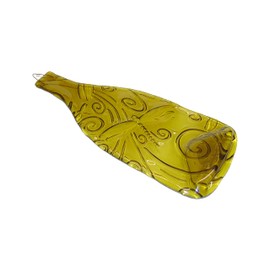 Dragonfly Embossed Yellow Wine Bottle Melted Flat UpCycled as Cheese Platter Serving Tray