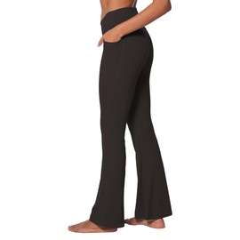 Sunzel Flare Leggings for Women with Pockets, Crossover Yoga Pants with Tummy Control, High Waisted and Wide Leg Side Pockets 32" Java Brown Small