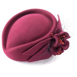Lawliet Wine Red Women Fascinator Pillbox Felt Wool Hat Formal Dress Flower Veil A131
