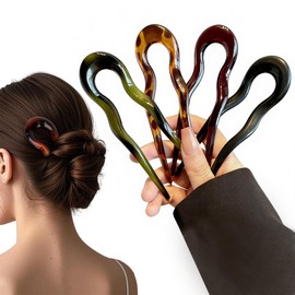 French Twist Stick Hair Fork, 4PCS Wavy U Shaped Hair Pin Clip for Spiral Updo Bun, Tortoise Shell, Fashion Flexible Durable Styling Hair Accessories for Women (Green, Black, Brown, Leopard Print)