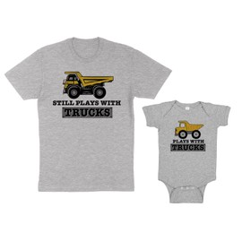 TeesAndTankYou Plays with Trucks, Still Plays with Trucks Daddy and Me Matching Shirt with Baby Grey Pair Set of 2 (StillTee-S+PlaysBodysuit-6M)