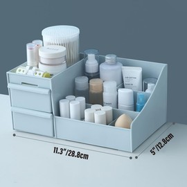 AIMALL Cosmetic Makeup Organizer with Drawers, Skincare Storage Box Holder, Durable Bathroom Holder Case, Space-Saving Design, 11.34 x 7.09 x 5.04 Inches, White, Pink, Blue or Khaki