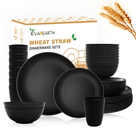VIVAHEARTH 32-Piece Wheat Straw Dinnerware Sets, Dishes Set for 8, Unbreakable Plates, Bowls, Cups Sets for Kitchen Parties Camping RV - Black