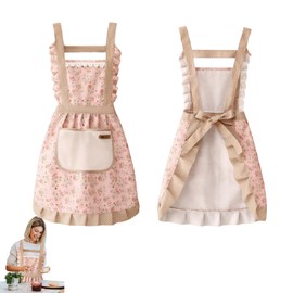 ExcellaElite Aprons for Cooking Adjustable Kitchen Aprons for Women Baking Canvas Apron Vintage Floral Aprons Cooking Apron with Hand Wipe and Pocket for Cooking BBQ Baking Gardening (Pink)