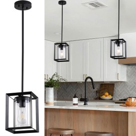 Sheenkarion Farmhouse Black Kitchen Island Pendant Light,2-Light Modern Hanging Pendant Light Fixtures with Metal Cage and Clear Glass Shade,Industrial Pendant Lighting for Living Room Bedroom