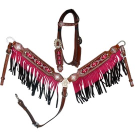 Equitem Full Horse Size Leather Headstall and Breast Collar Set with Beaded Color Inlay and Ombre Fringe (Pink)