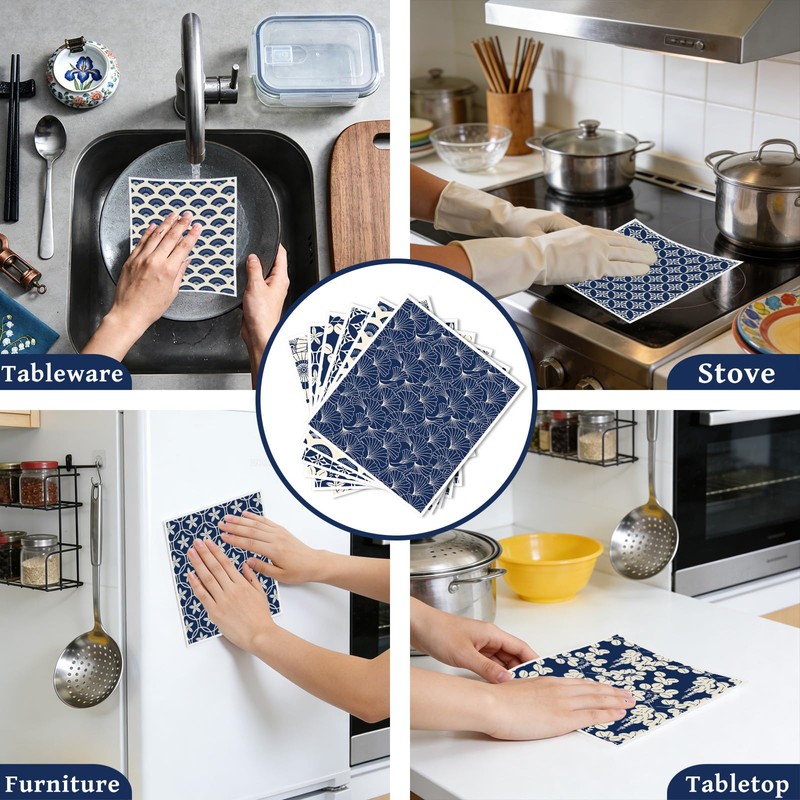 VISSTREE Swedish Dishcloths for Kitchen, Blue Japanese Pattern Dish Cloths