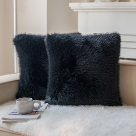 Neelvin Black Faux Fur Cozy Fluffy Double-Sided Decorative Throw Pillow Covers 20x20 inch Set of 2,Velvet Pillowcase Cushion Case for Sofa Couch