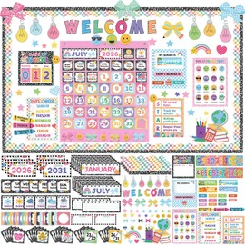 Pajean Bow Classroom Calendar Pocket Chart Set with 233 Pcs Composition Notebook Cards Welcome Season Festival Weather Mood Pink Pocket Chart for Classroom Decoration Back to School Teacher Supply