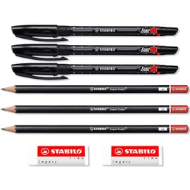 STABILO Exam Grade School Stationery Set - 3 Pens, 3 x 2B Pencils, & 2 Legacy White Erasers Rubbers (Black)