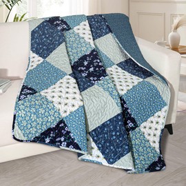 Exclusivo Mezcla Microfiber Boho Patchwork Pattern Quilted Throw Blanket for Bed/Couch/Sofa, Soft and Lightweight (50"x 60", Blue)