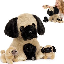 MorisMos Big Pug Teddy Stuffed Animal, 35cm Mom Pug with 3 Cuddly Baby Inside, Giant Fluffly Pug Soft Toy Realistic Kawaii Puppy Present for Kids Birthday Deco