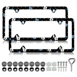 Flower License Plate Frame - 2 PCS Cute White Blue Flower Floral License Plate Holder, Rust-Proof Stainless Steel License Plate Cover Decoration with Screws Caps for Standard Us 12x6 Inch