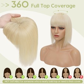 S-noilite Topper for Women Real Hair with Fringe 150% Density Toupee Hairpiece Real Hair Women's Hair Thickening for Thin Hair Mono Base 35 cm - 38 g #60 Platinum Blonde