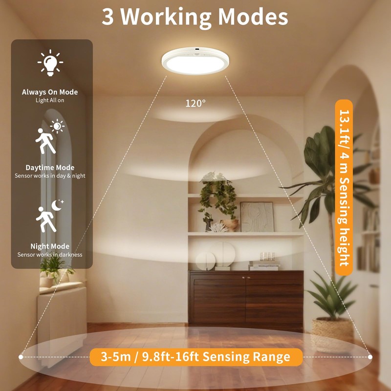 Meliya Rechargeable Motion Sensor Ceiling Light with Remote, 3000K 4000K