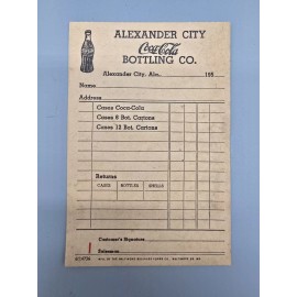 Coca-Cola 1950’s Coca-Cola Carbon Order Slip Alexander City Alabama Shells Cases Bottles