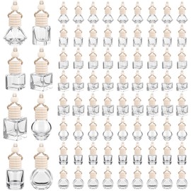 Dandat 80 Pcs 8 ml Hanging Car Freshener Diffuser Pendant Bottle Empty Transparent Glass Aromatherapy Essential Oil Air Diffuser for Perfume Gift with Wooden Caps Lanyard, 8 Assorted Style