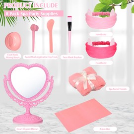 Lineshading 8 Set Spa Party Supplies with 8 Heart Shaped Mirror 8 Desk Mat 8 Face Mask Brush 8 Face Mask Mixing Bowl 8 Headband 8 Spa Facial Towel Sleepover Party Slumber Party Spa Night Essentials