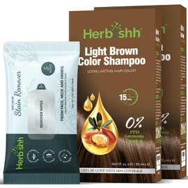 Herbishh Light Brown Hair Dye Shampoo with Color Remover Wipes | 3-in-1 Gray Coverage | PPD-Free Formula | 20 Travel Sachets + Argan Mask + 5 Gentle Wipes