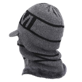 TAGVO Winter Knit Balaclava Visor Beanie Hat with Flexible Neck Warmer, Fleece Lined Thermal Windproof Elastic Warm Ski Face Mask Face Cover for Men & Women, Running Skiing Hiking Outdoor Sports Grey