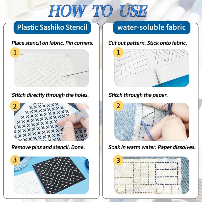 52PCS Sashiko Embroidery Kit with Threads, Needles, Thimble, Plastic Stencils,