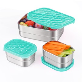 Tanjiae Small Stainless Steel Lunch Containers for Kids | Leak Proof Food Containers with Silicone Lids - Perfect Metal Food Containers with Lids for Kids School and Toddler Daycare (25oz+8oz*2)