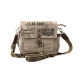 3B-Vintage Print Talk To me goose Upcycled Military Leather Canvas Shoulder Bag Laptop Messenger Bags Crossbody 2 Straps (Fade Grey)