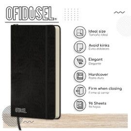 Ofidosel Libreta con Pasta Dura de Piel Vegana con Separador y Seguro. Cuaderno de notas con 96 hojas de raya. Libreta ejecutiva para Universidad u Oficina. Agenda Personal. Notebook (Negro)