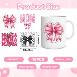 Shejdgart Mom UV DTF Cup Wraps - 16 Sheets Mama UV DTF Wraps for 16 OZ Glass Cups, Pink Bows UVDTF Stickers, Waterproof Rub on Transfer Decals for Water Bottle Mug, Mother's Day Gifts