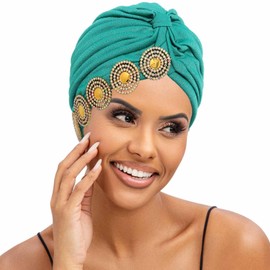 Wosois Headwrap Hair Turbans African Turban Flower Pearl Crystal Twisted Head Turban for Women Fashion (Lake Blue)