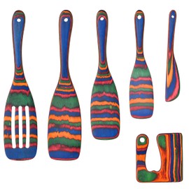Pakkawood Spurtle Set of 6 Pcs, ESSBES Kitchen Cooking Utensils for Non-Stick Cookware, Cooking, Stirring, Mixing, Serving, Pizza Slitting, Healthy High Moist Resistance Wooden Spoon Utensils for Gift