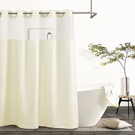 Modern Hotel Grade No Hooks Needed Shower Curtain or Liner (Beige Plain+Window, Standard(71W x 74L))
