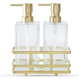 Square Glass Clear Lotion and Soap Pump Dispenser Set with Metal Stand Caddy for Bathroom Bath Kitchen Home Office Travel Hotel Hand Crafted Heavy Weight Brushed Gold
