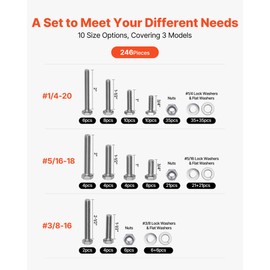 VEVOR 246 Pcs Bolts and Nuts Assortment Kit, Imperial Screws and Flat Washers, Stainless Steel 1/4-20,5/16-18,3/8-16, Spring Lock Washers for Furniture/Equipment/Vehicle Assembly with Case