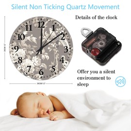 Silent Wall Clock Round Silent Non-Ticking Tan French Country Toile Floral Birds Custom Wall Clocks Flying Birds with Flowers Home Decoration for Workshop Patio Gym 12 inch