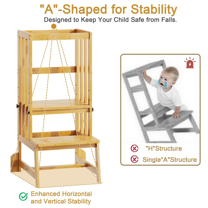 BAMBOOHOMIE Kids Kitchen Step Stool, Toddler Standing Tower Adjustable Height