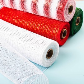 4 Rolls Christmas Deco Mesh Rolls for Wreath Making 10 inch x 10 Yards White Stripe Green Red Deco Mesh Christmas Poly Mesh Xmas Mesh Ribbon Rolls for Christmas Tree Garland Wreath Craft Decorations