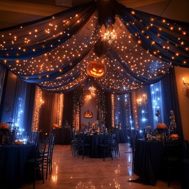 6 Panels Black Ceiling Drapes with Lights for Weddings Tent Draping 5ftx10ft Wedding Photo Backgrounds Sheer Curtains Tulle Ceiling Drapery Wedding Decorations for Party Ceremony Stage Swag