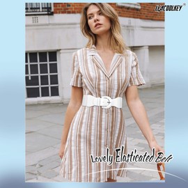 LEACOOLKEY Women's Bow Knot Elastic Waist Belt for Dress, Vintage Stretchy Wide Waistband Cinch Belt with Press Stud Buckle, A-White