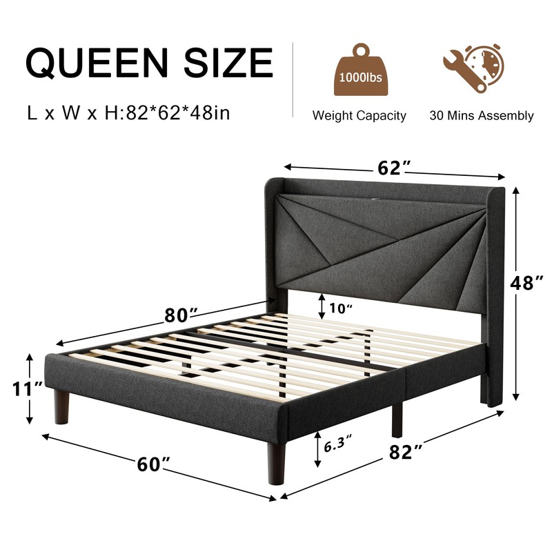 Einhomn Queen Size Upholstered Bed Frame with Charging Station, Platform