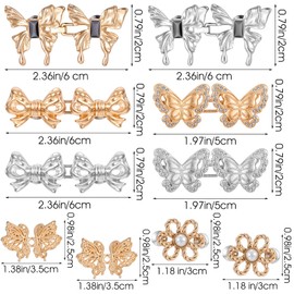 10 Sets Jean Waist Tightener, 5 Styles Jean Buttons Pant Waist Tightener for Loose Jeans Adjustable Butterfly Buckles Sets No Sew Decorative Brooch Pins Clips for Women Clothing Dresses (Gold, Silver)