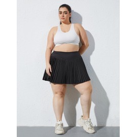 Moon Wood Women Plus Size Pleated Tennis Skirt with Shorts High Waisted Athletic Golf Skort Skirts with Pockets Black