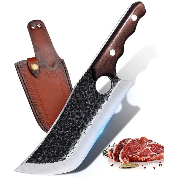 DRAGON RIOT Sharp Chopping Knife Japanese Kitchen Knife Robust Chef's Knife Hand Forged Butcher Knife Outdoor with Leather Sheath Professional Butcher Knife Butcher Cleaver for Christmas Gifts