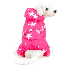 SELMAI Snowsuit for Small Dogs Fleece Lined Star Belt Hooded Jumpsuit Four-legs Pants Winter Coats Puppy Doggie Chihuahua Apparel Clothes Outfits Pink S