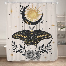 KOMLLEX Boho Moth Shower Curtain for Bathroom Decor 60Wx72H Inches Gothic Mystic Moon Phase Sun Star Goth Floral Leaves Beige Black Gold Witchy Vintage Tarot Fabric Waterproof Polyester 12 Pack Hooks