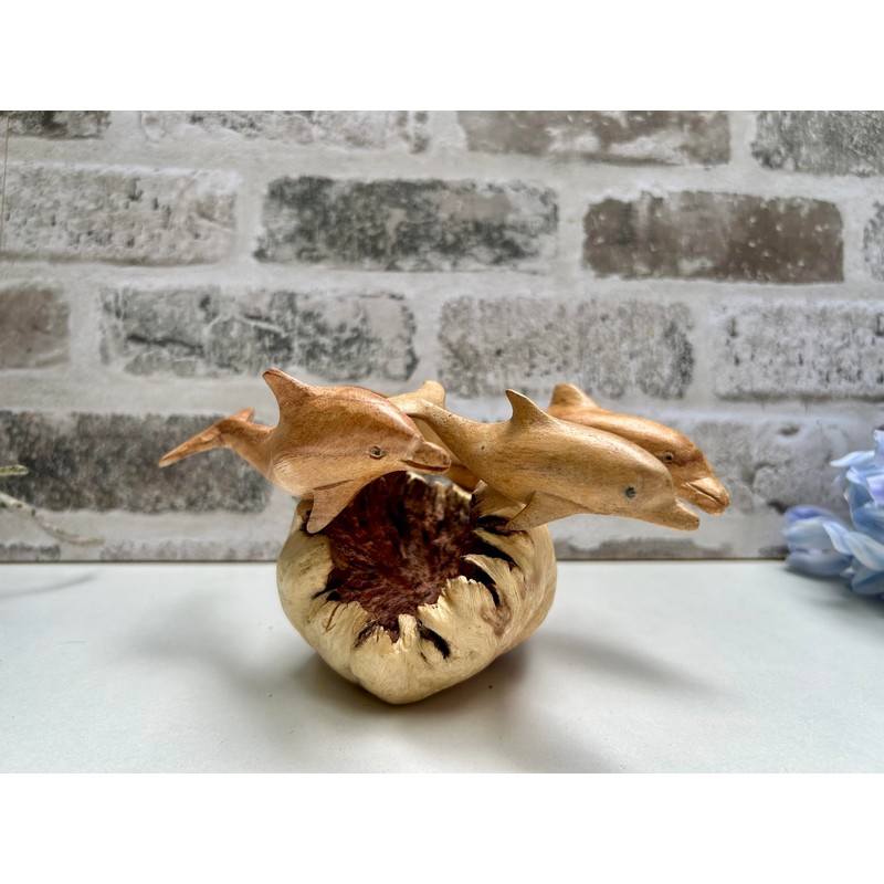 MAISONICA Dolphin Family Ornament Sculpture - Hand Carved Wooden Art