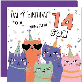 14th Son Birthday Cards - Childrens Cute Cat Sons Birthday Card for 14 Year old teenage Kids fourteen, fourteenth